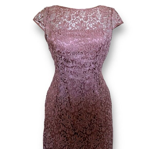 Adrianna Papell Womens Sheath Dress Sz 8 Mauve Crochet Lace Cocktail Cap Sleeve - Picture 2 of 9
